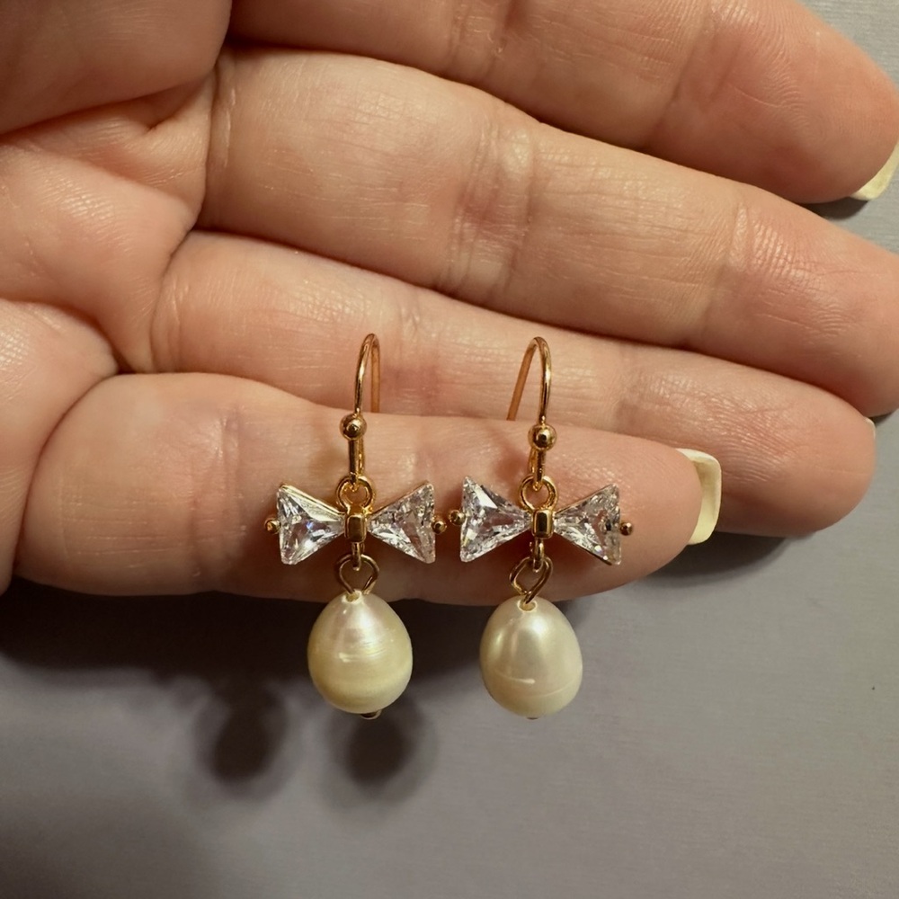 Gold Pearl Drop Earrings with Crystal Bow Accent - Picture 2 of 2